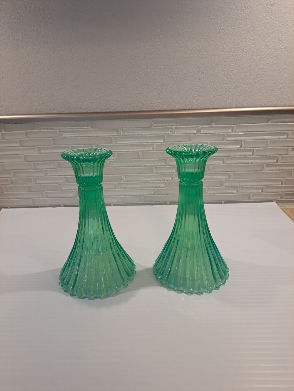 2 Vtg Fostoria Heirloom Light Greenish Opalescent Ribbed Candle Holder Vase Set